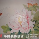 虹桥花园工笔牡丹墙绘 青花瓷花纹